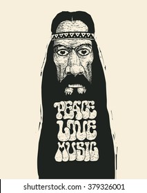 Retro design of Peace, Love and Music with old hippie and hand-written fonts. vector illustration.