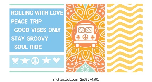 Retro design with peace sign and groovy van and a message of good vibes soul ride and travel for social content.