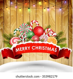Retro design poster background for christmas with candy, realistic ribbon, and pine tree on wooden.vector