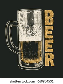 Retro design poster Beer, with Mug Of Beer. typographical background. 
Hand Drawn Design Element Engraving Style. Vector Illustration.