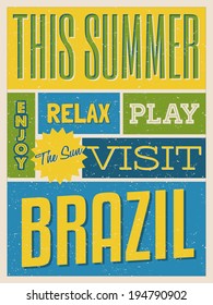 Retro design poster in bright yellow, blue and green, visit Brazil concept.