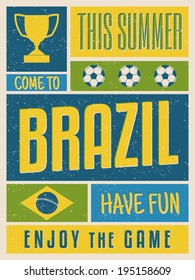 Retro design poster in bright yellow, blue and green, visit Brazil concept.