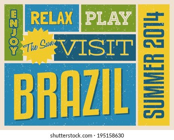 Retro design poster in bright yellow, blue and green, visit Brazil concept.