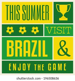 Retro design poster in bright yellow and green, visit Brazil concept.