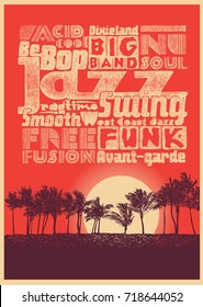 Retro design poster Jazz Music Beach Party with silhouette palms and sunset and jazz typography. vector illustration. 