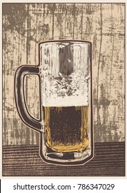 Retro design poster with Mug Of Beer on a wooden wall. Hand Drawn Design Element Engraving Style. Vector Illustration.