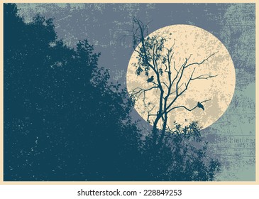 Retro design poster with silhouette dry tree, two crows and full moon. vector illustration
