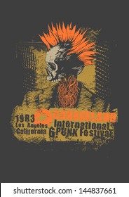 Retro design Punk festival for t-shirt print, with punk skull, grunge fonts and textures. vector illustration.