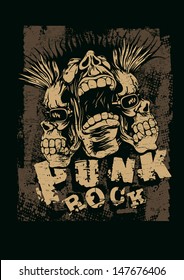 Retro design Punk Rock for t-shirt print, with screaming punk head, grunge fonts and textures. vector illustration. grunge effect in separate layer. 