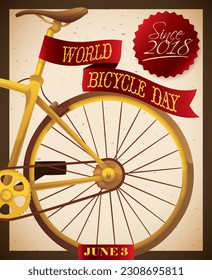 Retro design with rear view of a golden bike with ribbon and label commemorating World Bicycle Day on June 3.