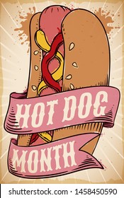 Retro design with ribbon promoting Hot Dog Month and delicious hotdog in hand drawn style with sesame seeds, mustard and ketchup, painted with brush strokes and splashes to enjoy during this event.