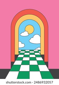 Retro Design Room to Sky Aesthetic Illustration background, checkerboard floor with colorful and fun style.