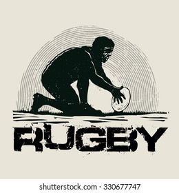 Retro design Rugby for poster or t-shirt print with rugby player and grunge fonts . vector illustration