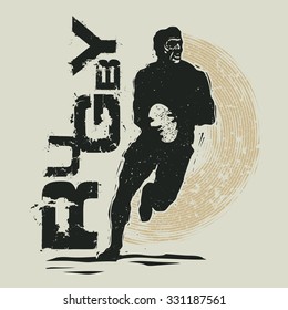 Retro design Rugby for t-shirt print with rugby player and grunge fonts . vector illustration