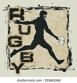 Retro design Rugby for t-shirt print with rugby player and grunge fonts . vector illustration