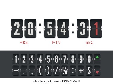 Retro design score board clock template. Scoreboard number font with shadows isolated on transparent background. Vector modern ui design of old time meter with numbers.