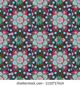 Retro design. Seamless floral pattern, delicate flower vector wallpaper, wildflowers, tansy. Abstract flowers pattern in blue, pink and gray colors.