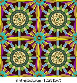 Retro design. Seamless floral pattern, delicate flower vector wallpaper, wildflowers, tansy. Abstract flowers pattern in blue, green and brown colors.