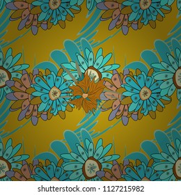 Retro design. Seamless floral pattern, delicate flower vector wallpaper, wildflowers, tansy. Abstract flowers pattern in blue, yellow and black colors.