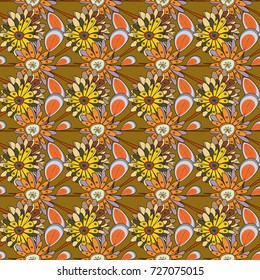 Retro design. Seamless floral pattern, delicate flower vector wallpaper, wildflowers, tansy. Abstract flowers pattern in orange, neutral and brown colors.