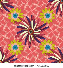 Retro design. Seamless floral pattern, delicate flower vector wallpaper, wildflowers, tansy. Abstract flowers pattern in beige, orange and pink colors.