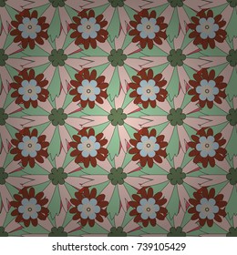 Retro design. Seamless floral pattern, delicate flower vector wallpaper, wildflowers, tansy. Abstract flowers pattern in brown, neutral and green colors.