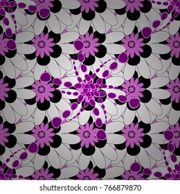 Retro design. Seamless floral pattern, delicate flower vector wallpaper, wildflowers, tansy. Abstract flowers pattern in white, black and magenta colors.