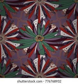 Retro design. Seamless floral pattern, delicate flower vector wallpaper, wildflowers, tansy. Abstract flowers pattern in green, red and neutral colors.