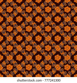 Retro design. Seamless floral pattern, delicate flower vector wallpaper, wildflowers, tansy. Abstract flowers pattern in brown, orange and black colors.