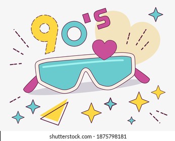 Retro design of ski sunglasses. Women's and men's accessories from the collections of the 90's.  
Vintage Vector illustration.