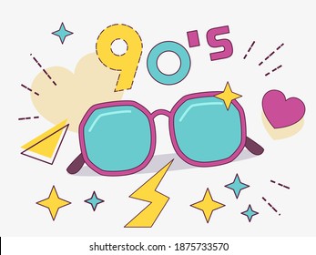 Retro design of square sunglasses. Women's and men's aaccessories from the collections of the 90's.  
Vintage Vector illustration.
