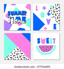 Retro design summer cards with bright colored geometric shapes, black and white pattern and cutout letters.