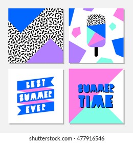 Retro design summer cards with bright colored geometric shapes, black and white pattern and cutout letters.