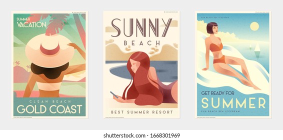 Retro Design Summer Holiday and Summer Camp poster. Girl relaxing on the beach. Vector