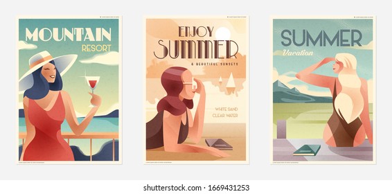 Retro Design Summer Holiday And Summer Camp Poster. Girl Relaxing On The Beach. Vector