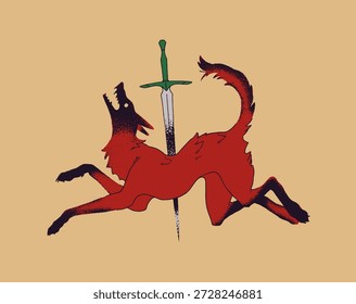 Projeto retrô de tatuagem com lobo e espada em estilo medieval. Tatuagem vintage com coiote morto e faca. Tatoo gótico com animal mágico e lâmina mística. Ilustração de vetor isolado desenhado à mão plana