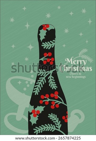 Retro design template with a champagne bottle silhouette and Christmas decorations. Christmas holiday celebration card. Vector illustration.