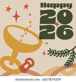 Plantilla de diseño retro con el número 2026 para una tarjeta de Año Nuevo. Elementos decorativos y una copa de champán para tostar.