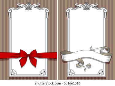 Retro design templates with drawing of red bow, banner and frame. Vintage engraving stylized drawing. Vector illustration