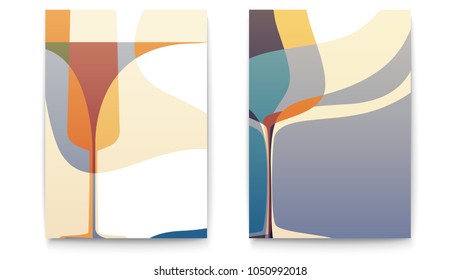 Plantillas de diseño retro para carta de restaurante con vidrio de silueta. Fondo abstracto para el menú Cafe. Conjunto de tarjetas para identidad corporativa, volante o portada, ilustración 3D.