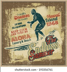Retro design "The Endless Summer" with surfer, big wave and vintage fonts. vector illustration. grunge effect in separate layer. 