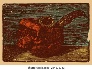 Retro design with tobacco pipe and ashtray in the form of a skull. engraving style. vector illustration.
