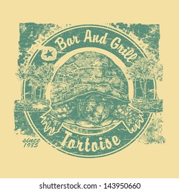 Retro design "Tortoise" Bar and Grill for beach bar sign board or t-shirt print, with tortoise, palms and vintage fonts. two colors version. vector illustration. grunge effect in separate layer.