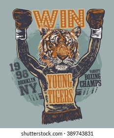 Retro design t-shirt print Young Tigers with boxer with tiger head and vintage fonts. vector illustration.