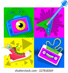 Retro Design with TV set, electric guitar, tennis shoes and tape vector illustration cartoon.