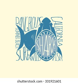 Retro design Typography poster with shark., and hand drawn style fonts. Vector Illustration.