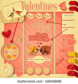 Retro Design of Valentines Card with design elements  in Retro Style. Vector Illustration.