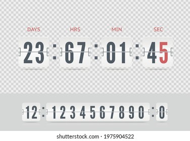 Retro design white score board floating clock template. Vector modern ui design of old time meter with numbers. Scoreboard number font isolated on transparent background