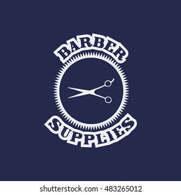 Retro Designed Barbershop Label with scissors and typographic text "Barber Supplies". Good as Barbershop Stamp, Badge, Sticker, Tag, Print, Emblem or icon.