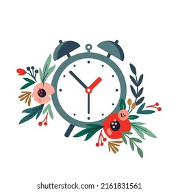 Retro-Schreibtischuhr mit Blumen auf weißem Hintergrund